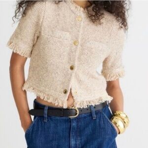 J.CREW‎ Cropped fringe-trim lady jacket in marled yarn (tan) Sz Large